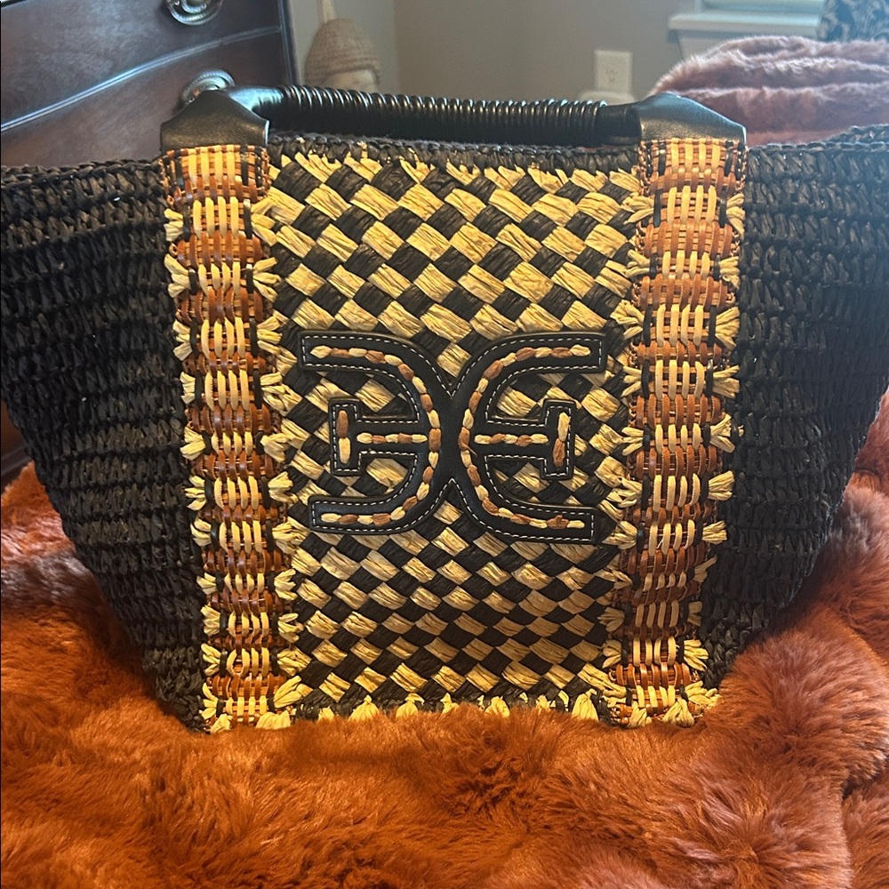 Sam Edelman Elegant Black and Tan Woven Leather Logo Tote Bag
